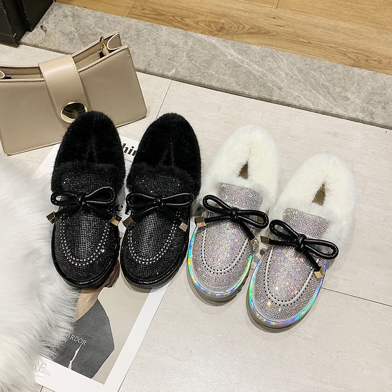 Shiny Glitter Snow Boots Women Fashion Warm Plush Ankle Boots Woman Non Slip Botas Mujer Butterfly-knot Decoration