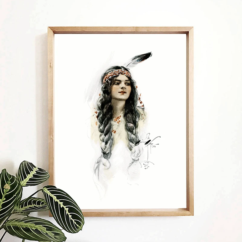 Красивая индийская женщина Харрисон Фишер Minnehaha Холст Искусство Печать Boho