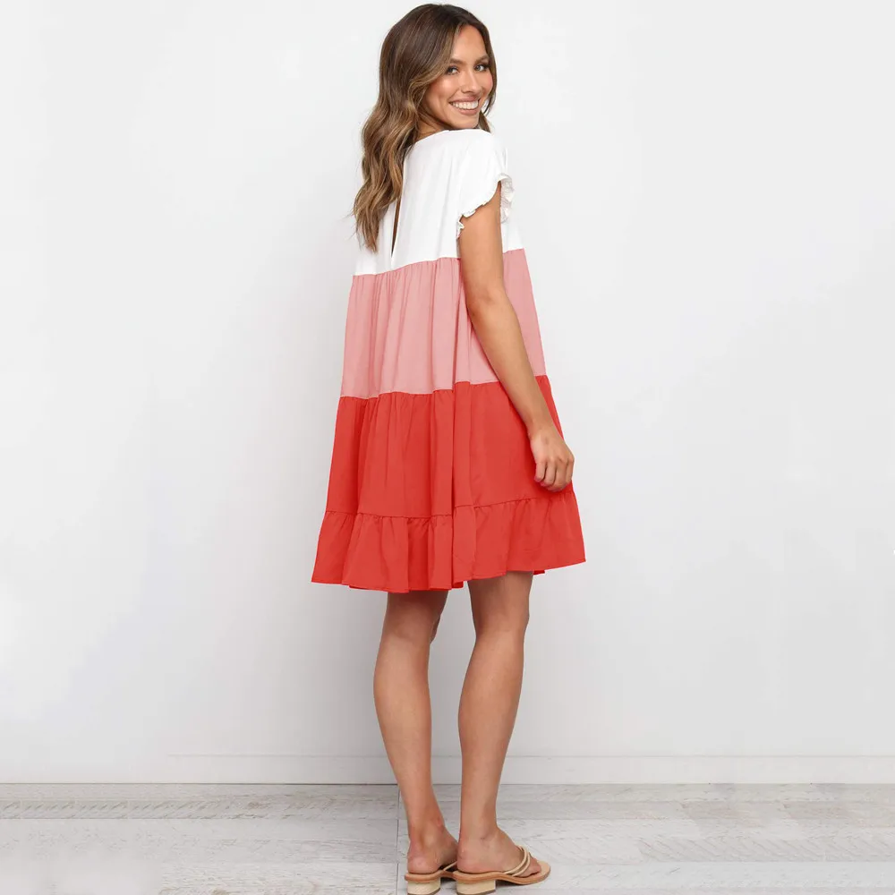 

2021 Summer Holiday Mini Dress Women O Neck Short Sleeve Color Patchwork Ruffles Basic Beach Dress Vestidos Sundress Streetwear