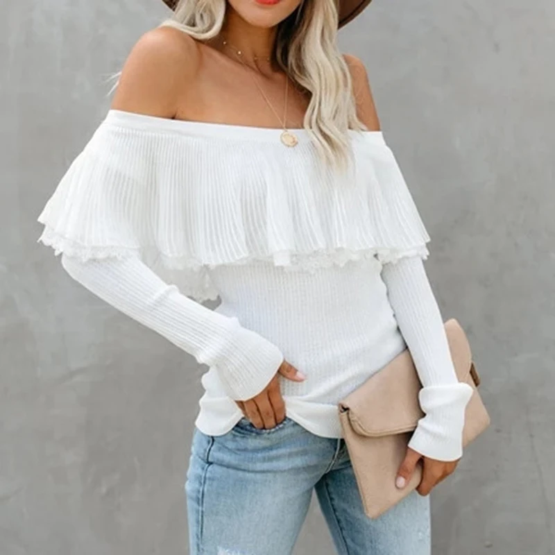 Шифоновый с открытыми плечами вязаный свитер оборками женский длинный рукав