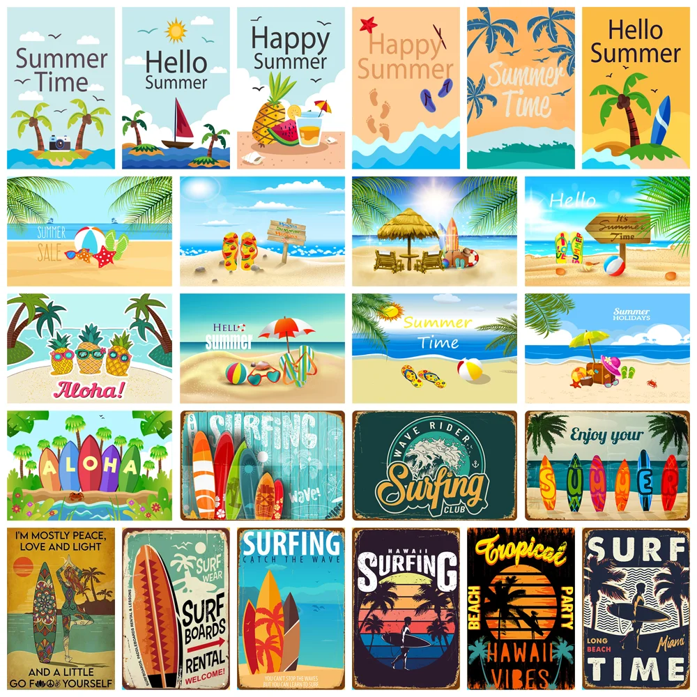 

Жестяные плакаты Hello Happy Summer, праздничный Гавайский пляж, серфинг, металлический плакат для дома, бара, клуба, бассейна, Настенный декор, пластина в стиле ретро