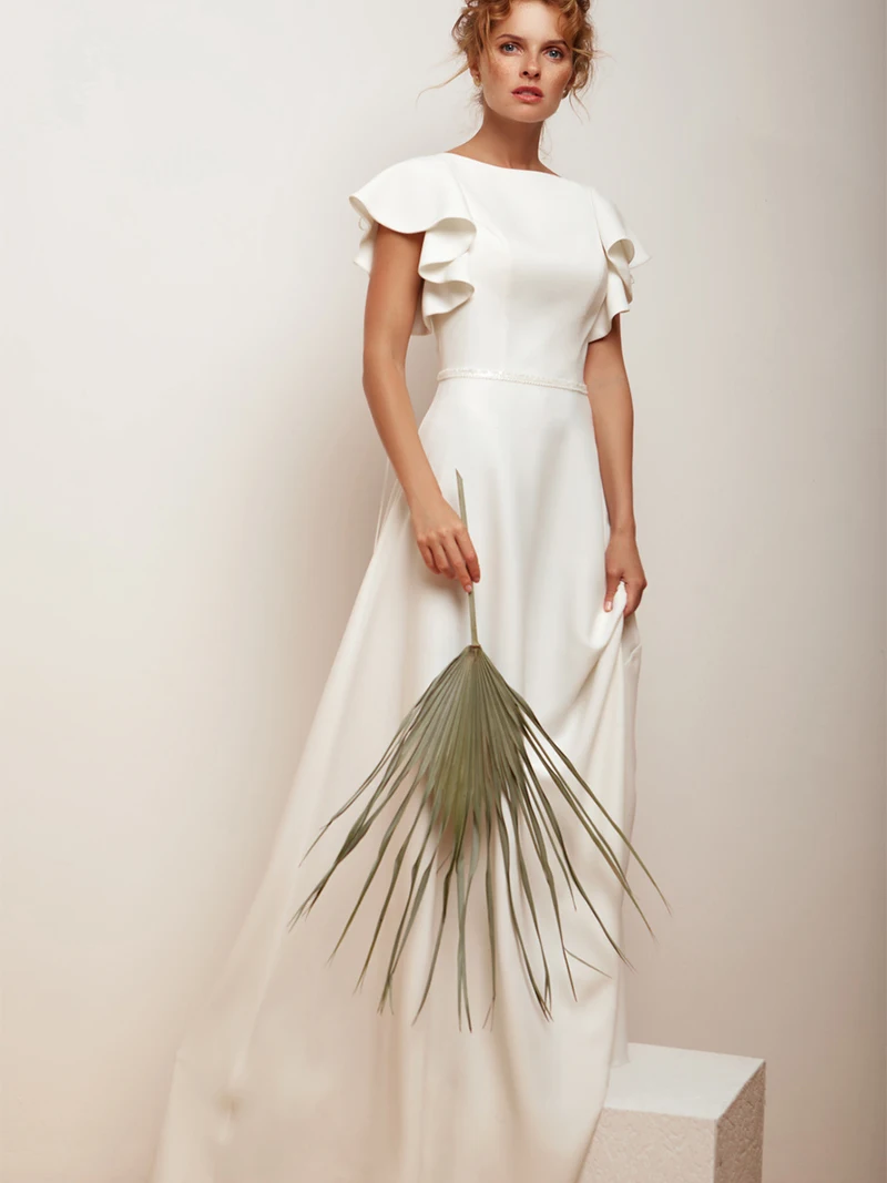 A Line Flutter Sleeves Satin Bridal Gowns Custom Made Criss Cross Ribbon Simple Elegant 2021 Plus Size Backless Wedding Dresses