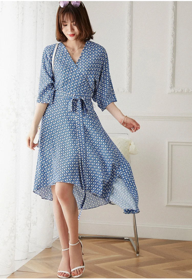 

Платье для девочек синего цвета с v-образным вырезом с рукавом "летучая мышь" платье для девочек трапециевидной формы с рукавами на юбка Обёр...