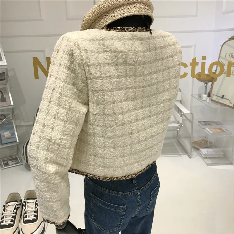 

Coat Women Slim Long Sleeve Korean Plaid Outwear Crop Top Autumn 2020 New Luxury Single Breasted Tweed Jacket Short Woolen