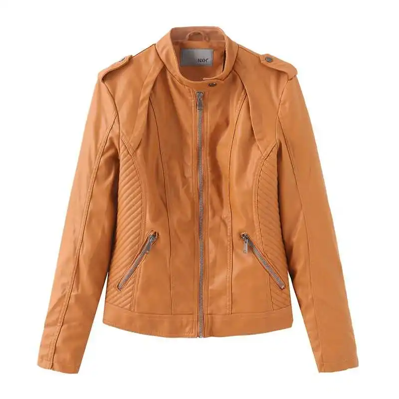 

SHENGPALAE Brown Streetwear PU Leather Jacket Women's Autumn 2021 New Stand Color Slim Zipper Long Sleeve Short Leather Jacket