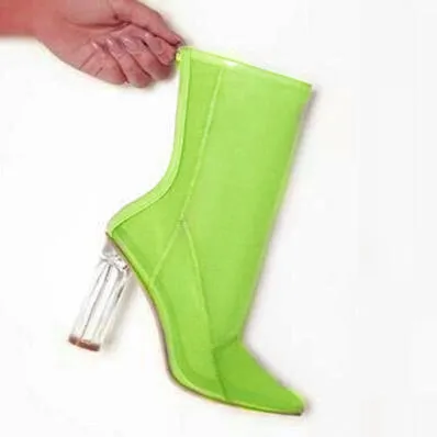 

Transparent crystal thick heeled shoes breathable mesh back zipper pointed cool boots sexy high-heeled catwalk net boots female