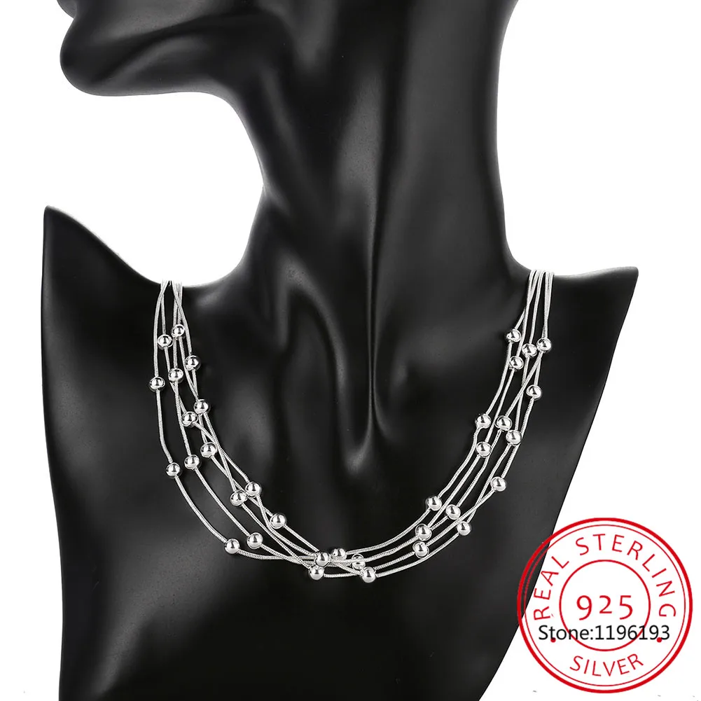 

925 Silver Round Smooth Beads Necklace Silver Snake Chains Choker Women Layered Necklaces Collares Kolye Colar de Prata