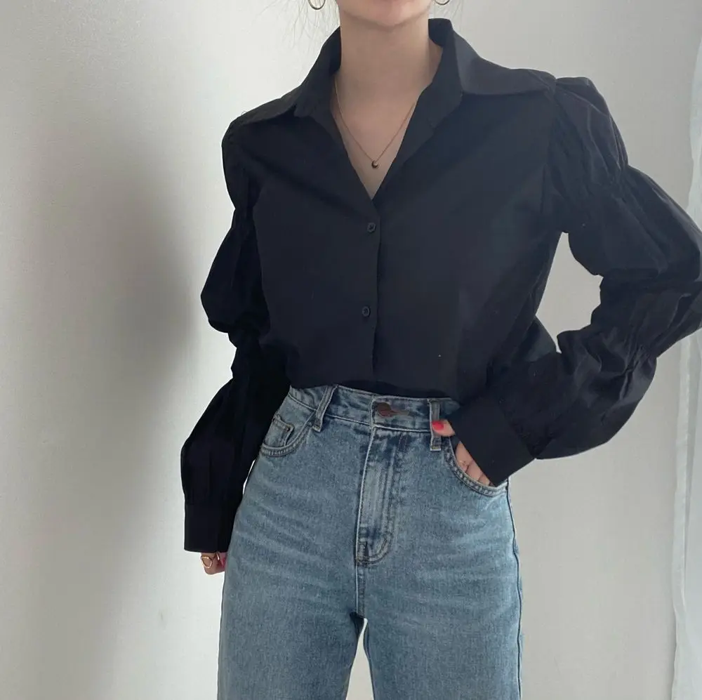 

ZCSMLL blue tops Korea chic spring simple wild lapel loose top single-breasted wrinkle design puff sleeve shirt women