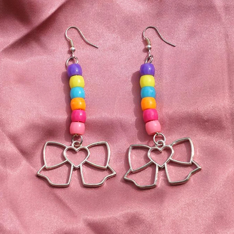 

2000s Jewelry Rainbow Beads Bow Dangle Earrings for Women Egiel Aesthetic Cute INS Harajuku Earrings Y2K Fashion Friends Gifts
