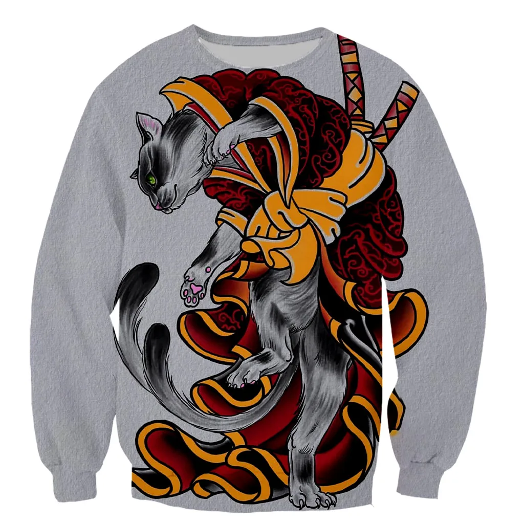 Новая забавная Модная японская Татуировка самурая кошка с длинным рукавом 3D