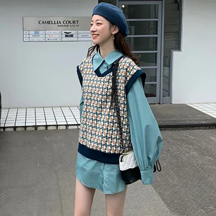 Женский пуловер без рукавов весна 2020 корейский стиль винтажный геометрический v