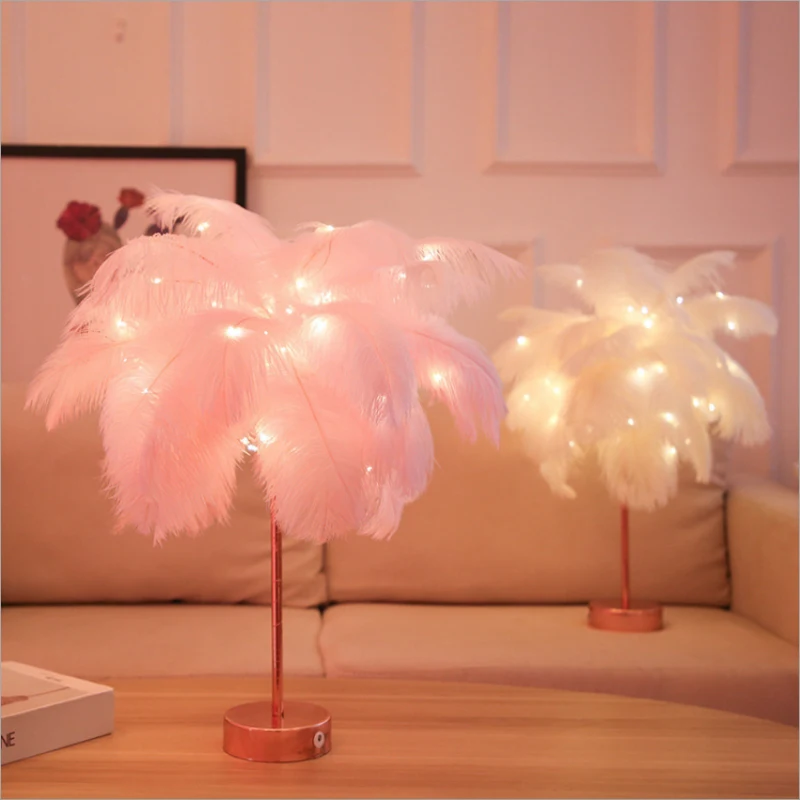 

Remote Control Feather Table Lamp USB/AA Battery Power DIY Creative Warm Light Tree Feather Lampshade Wedding Home Bedroom Decor