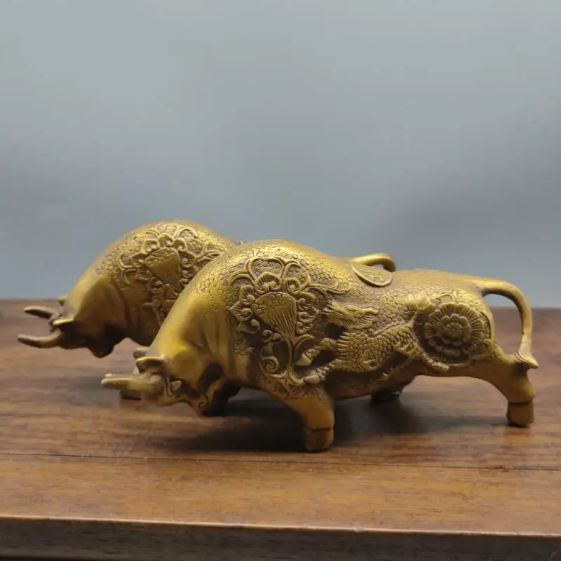 

China Brass statue Fortune cow copper Statue a pair wealth lucky fengshui Table Ornaments Desk Decorations Bronze Crafts