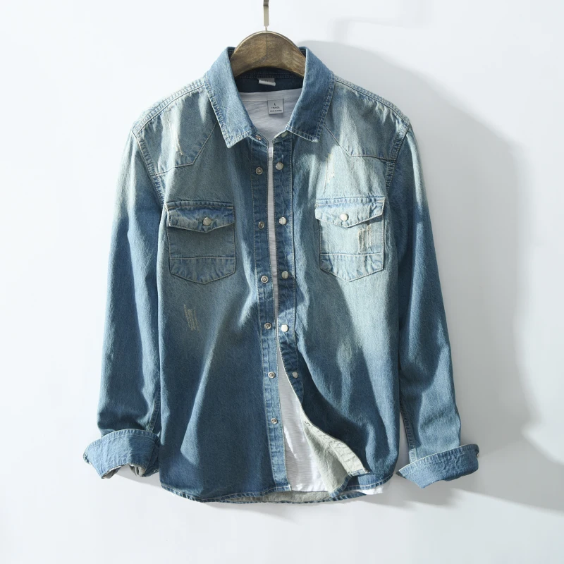 Mens Gradient Denim Shirt Men Light Blue Man Cotton Double Pocket Dress Slim Fit Long Sleeve Blouse II50CS | Мужская одежда