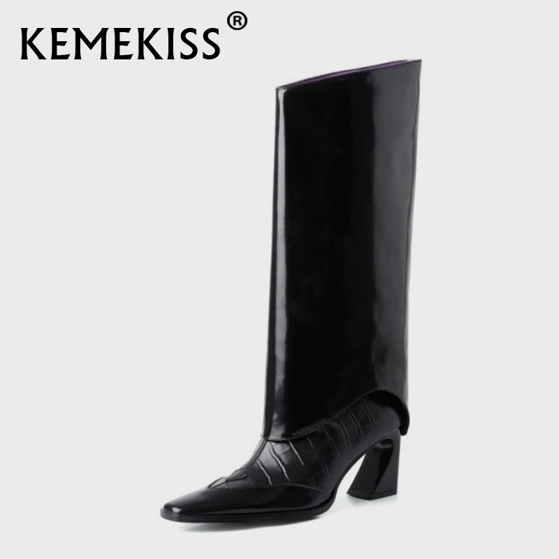 

KemeKiss 2021 Real Leather Mid Calf Boots For Women Strange Heel Slip On Western Boots Solid Color Female Footwear Size 34-40