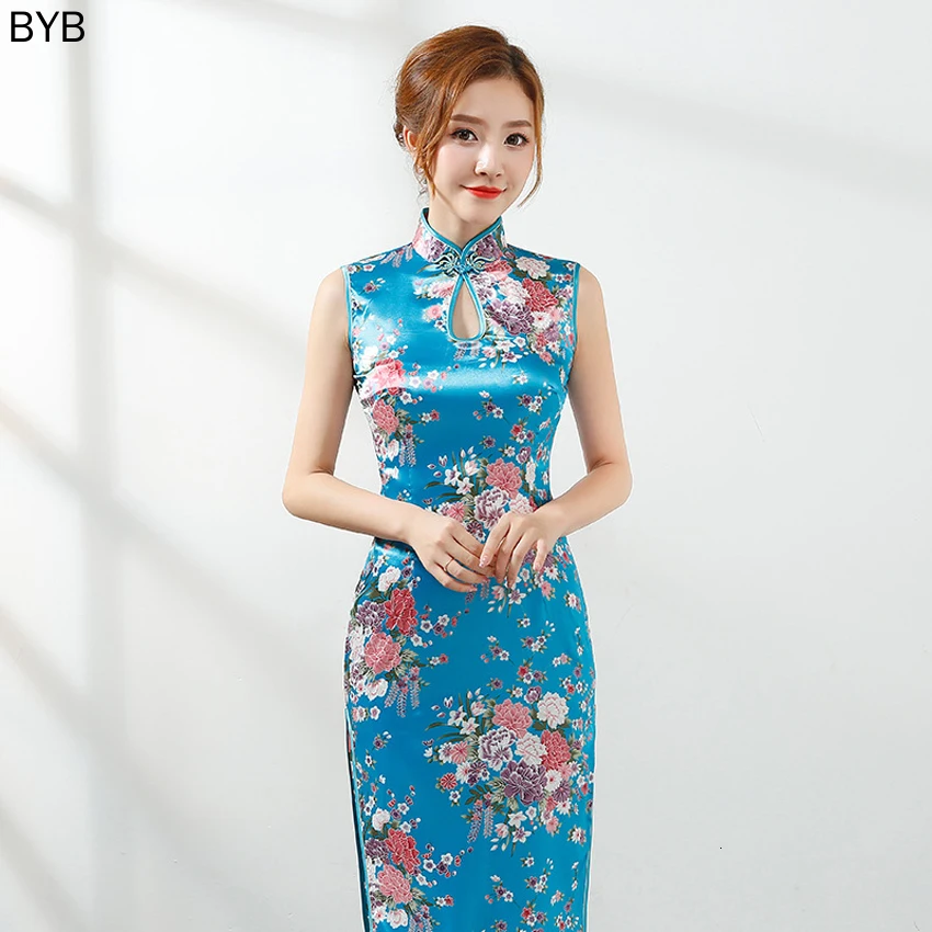 Длинные Стильные женские цветочные китайские традиционные костюмы Qipao Cheongsam