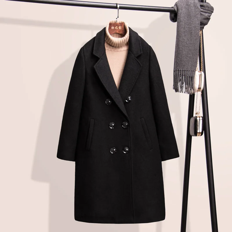 Черное шерстяное пальто Женское зимнее женские длинные куртки двубортная
