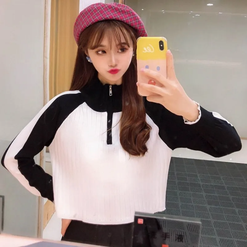 Осенняя водолазка свитер на молнии вязаный пуловер пэчворк тонкий мягкий