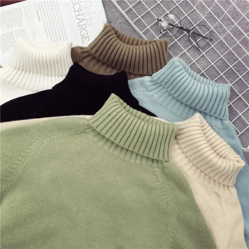 Зимний свитер цвета хаки Женский пуловер с высоким воротником женская вязаная