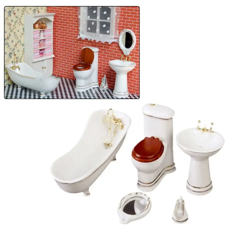 

1/12 Mini Dollhouse Miniature Porcelain Bathroom Toilet Bathtub Basin Set Home Doll House Accessories Toy