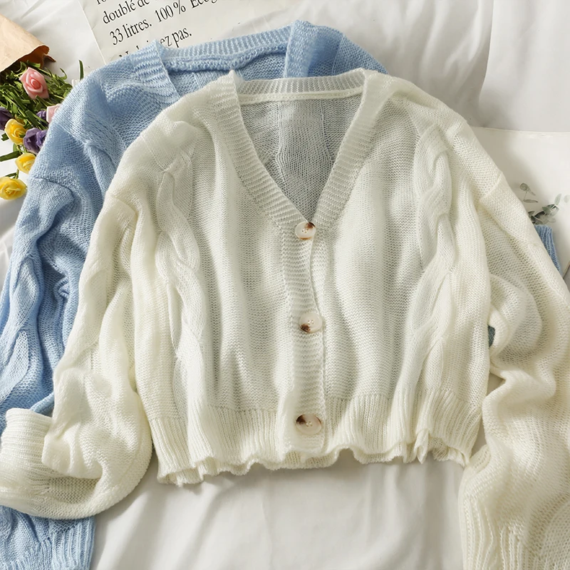 

Loose Thin linen pattern long-sleeved sweater women's Cardigans V-neck single-breasted cardigan solid color top 2021 new coat