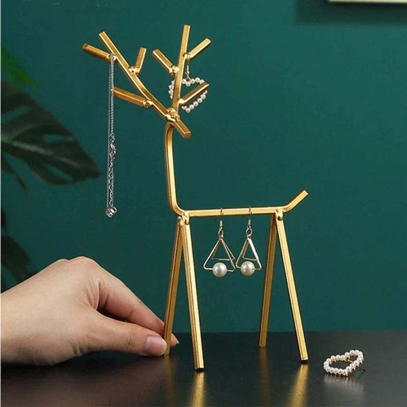 

3D Golden Deer Jewelry Display Stand Geometric Deer Ring Earrings Organizer Tree U90E