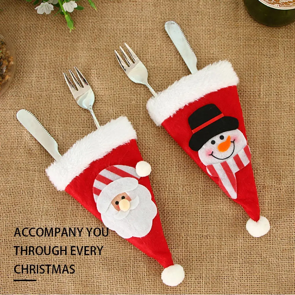 

6 шт. Мини Санта-шляпа Крышка столовых приборов рождественские вилки сумка для хранения держатель для столового серебра Рождественский сто...