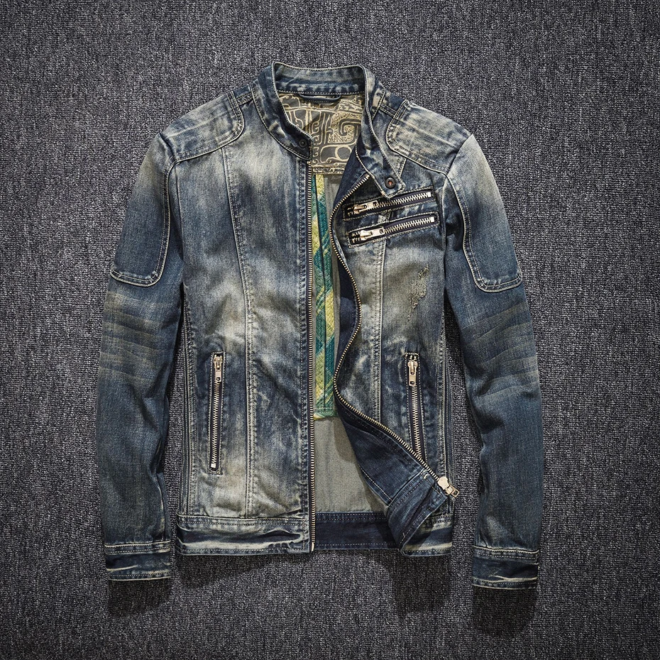 Джинсовая куртка мужская приталенная джинсовая на молнии в стиле ретро Мужское