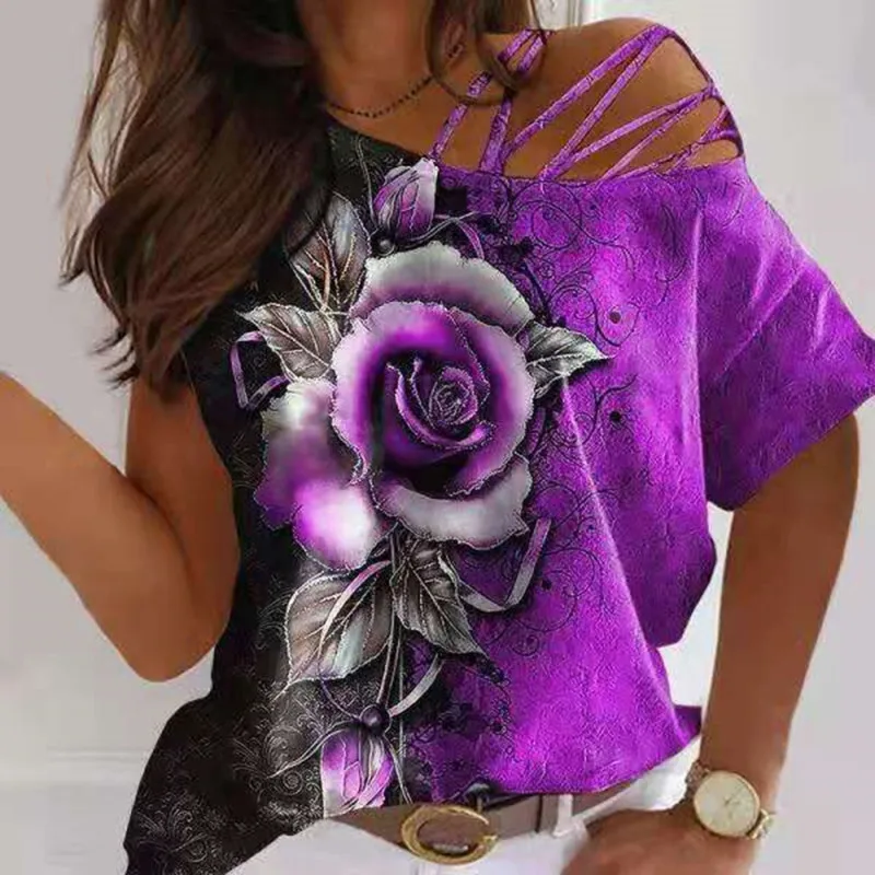 

Women Tees Female 2021 Rose Off Shoulder Summer Boho Casual Tops Lady Hole Out Ladies T Shirts Loose Sexy Woman Tops New