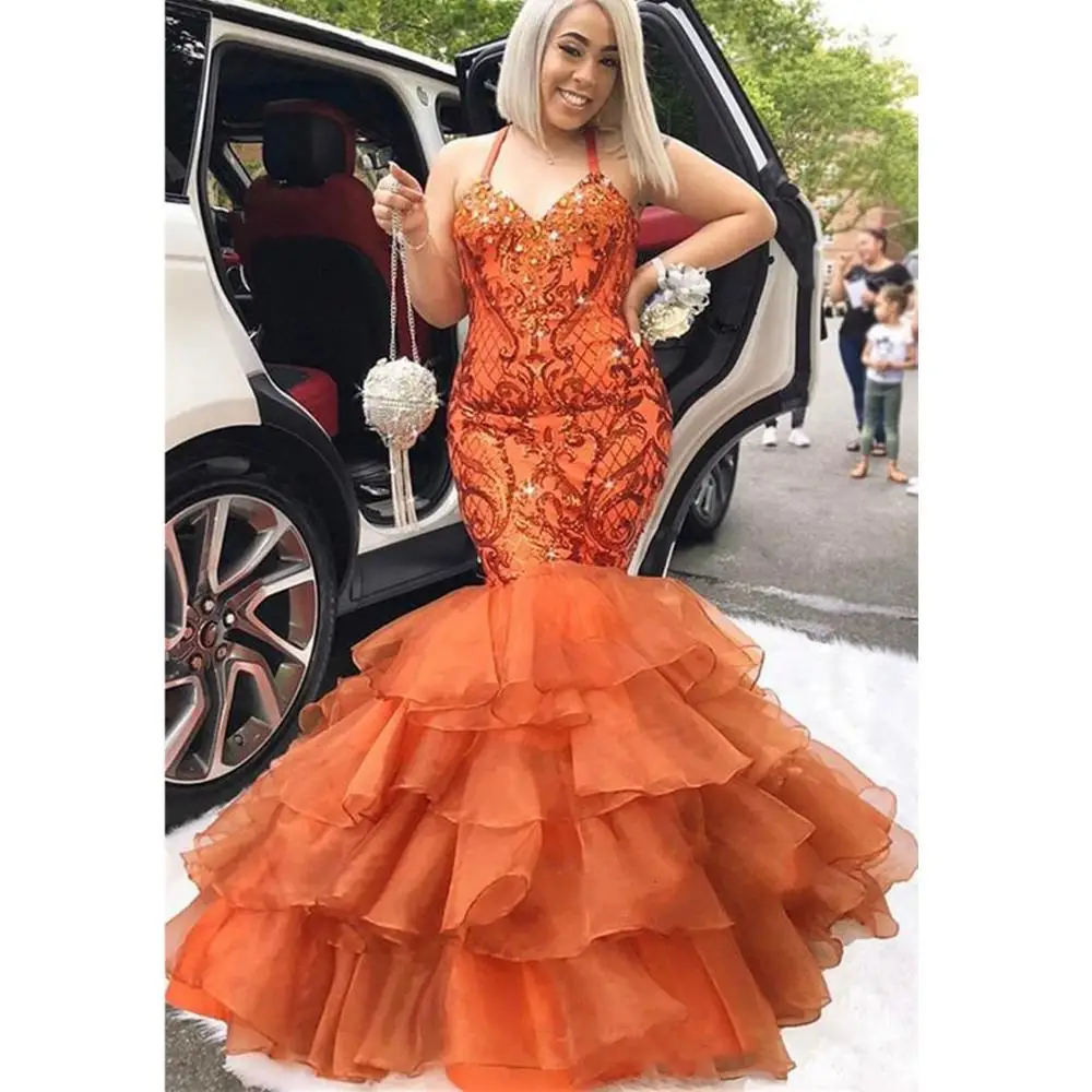

Женское вечернее платье-Русалка со шлейфом, оранжевое платье для выпускного вечера с кружевной аппликацией и многоярусной юбкой, лето 2019