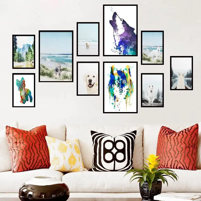 

White German Shepherd Dog Painting Mountain Lake Canvas Art Poster for Home Decor