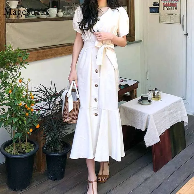 

Short Sleeve Lace Up Sashes White Summer Dress Women Vintage High Waist Long Dresses Single Breasted Elegant Dress Robes 10256