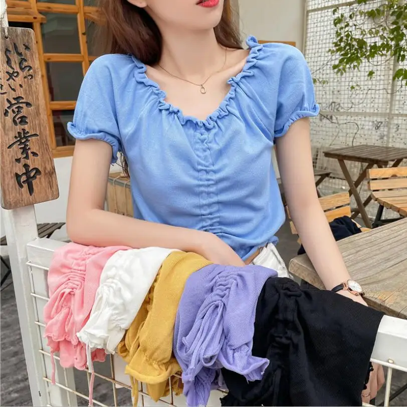 

2021 Summer New Style Fungus Side Drawstring Short One-shoulder Top Women's Design Sense of Slim Short-sleeved T-shirt