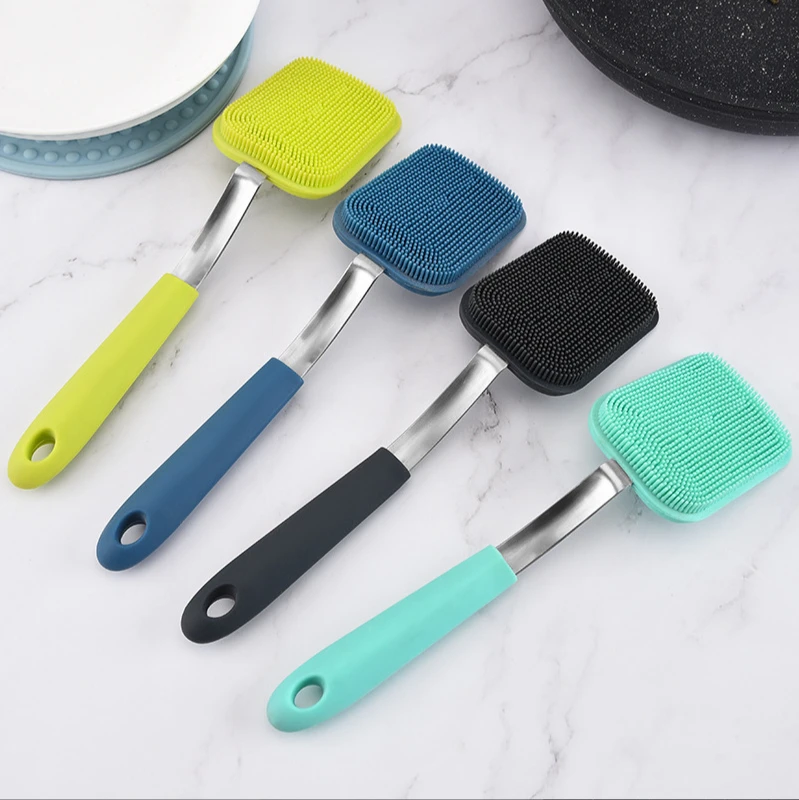 

Hangable Silicone Cleaning Brush Kitchen Degreasing Dishes Stainless Steel Handle Pot Washing Brush Kitchen Gadgets