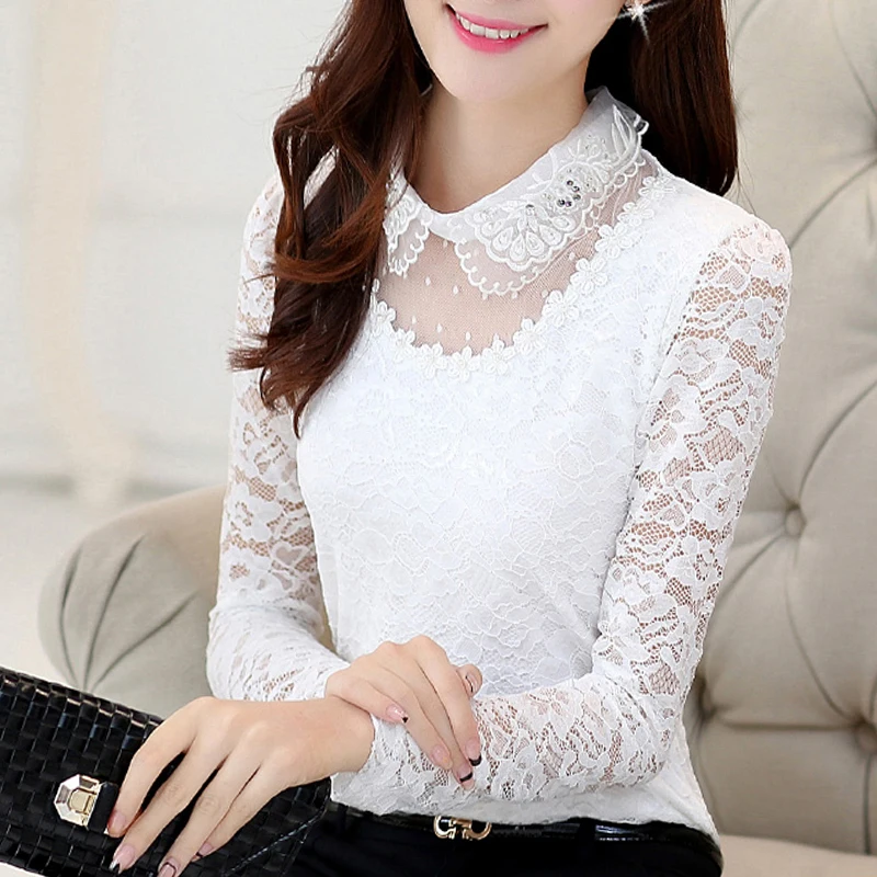 Womens tops and blouses 2020 lace blouse women black shirts Diamonds Solid Peter pan Collar plus size blusas 7144 50 |