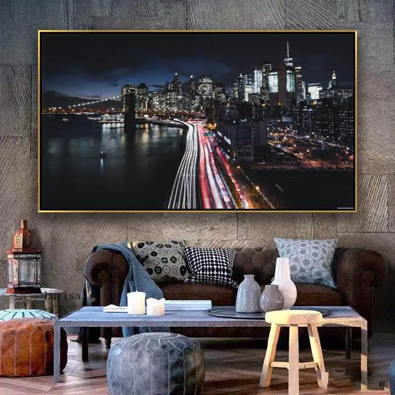 

New York City Manhattan Night Landscape Poster Print Wall Art Canvas Painting Brooklyn Bridge Picture for Living Room Home Decor
