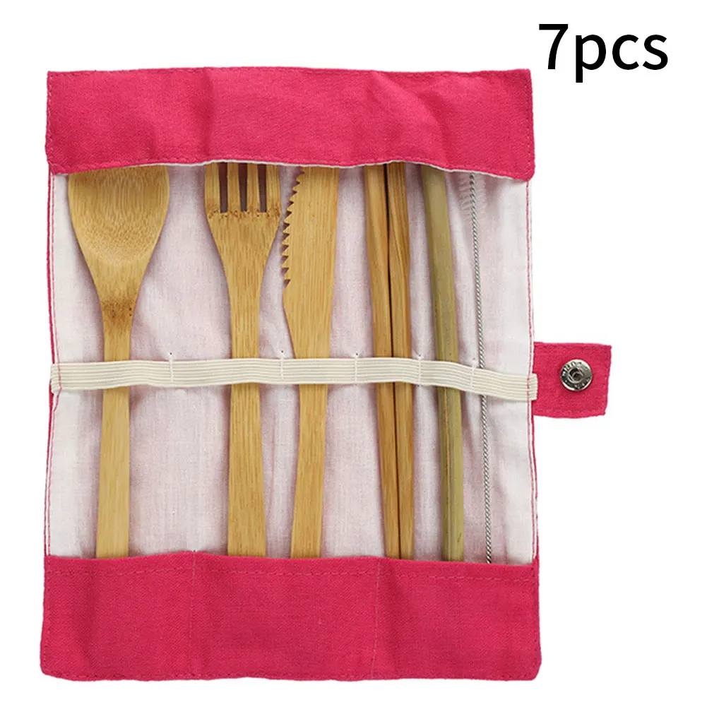 

Eco Friendly Bamboo Cutlery Set Reusable Flatware Set Portable Camping Travel Tableware Set for Travel Eating Out Red 7PCS