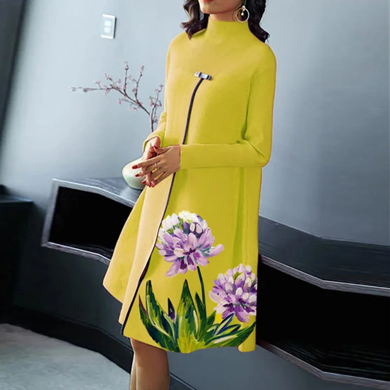 

Fashion Lady Half Turtleneck Print Retro Dress Autumn Plus Size Women Loose Dress Spring Elegant Long Sleeve A-Line Party Dress