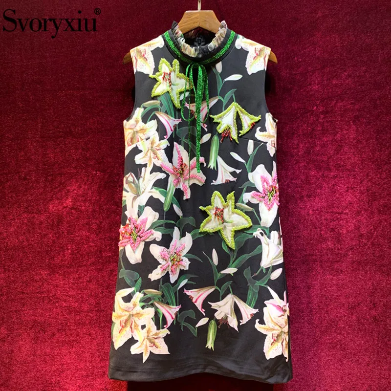 Svoryxiu Подиум осеннее винтажное черное платье с цветочным принтом лилии женские