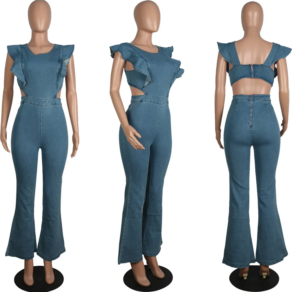 Женский облегающий джинсовый комбинезон Wjustforu с оборками летний модный без