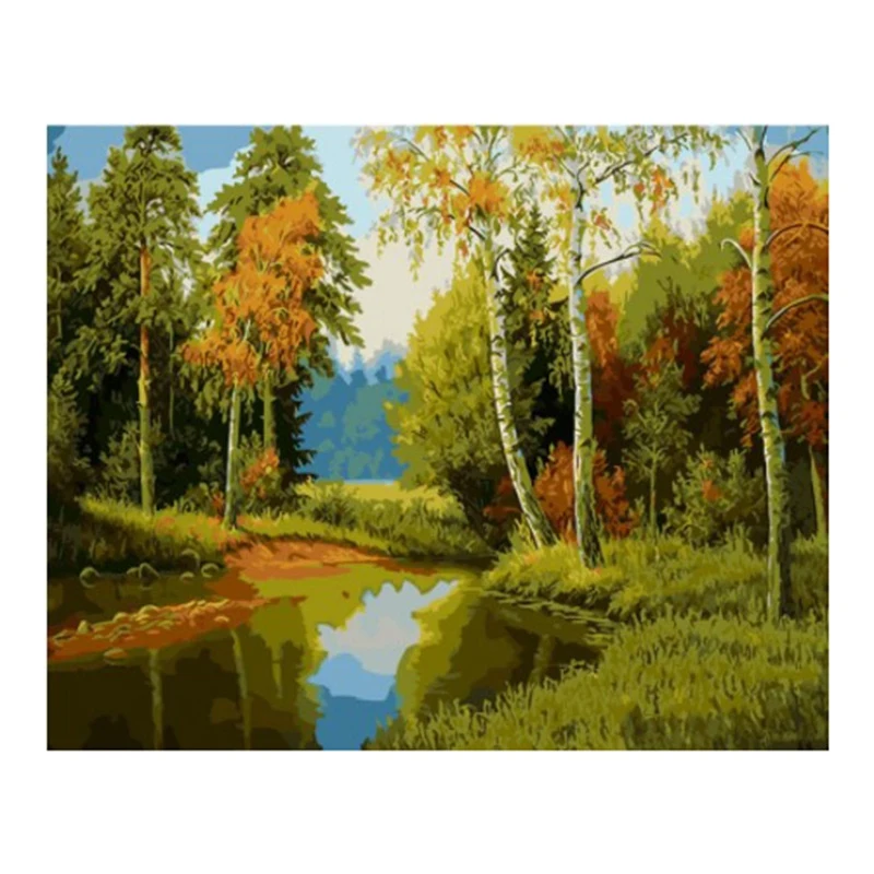 

Frameless Lake Forest DIY Painting By Numbers Landscape Wall Art Picture Hand Painted for Home Decors