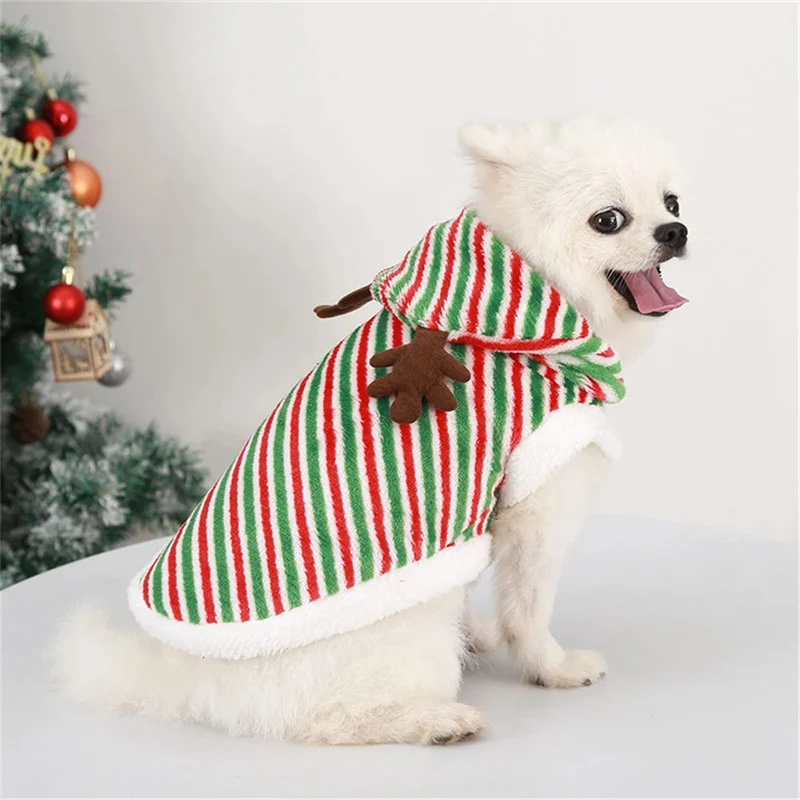 

Winter Pet Warm Velvet Striped Antler Decoration Dog Clothes Christmas Dog Costume Outfit Xmas Dog Clothing Garment Hoodies