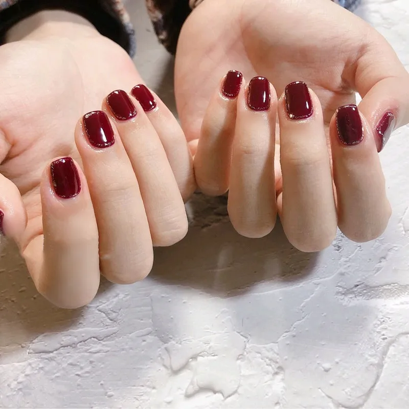 

24pcs Short Burgundy Nail Extension Patch With Silver Brim False Nail Set Waterproof Nail Art Supplies With Glue CIN6 899