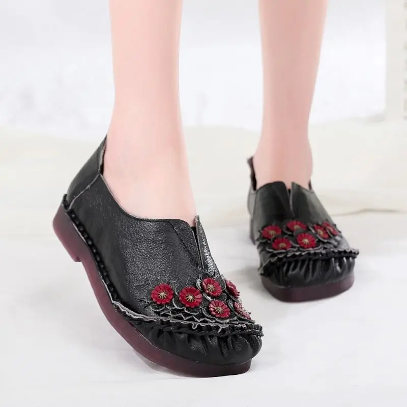 Top Quality Real Leather Shoes Women's Ballet Flats Floral Moccasins Ladies Vintage Luxury Loafer Waterproof Wide Fit Chic Shoes
