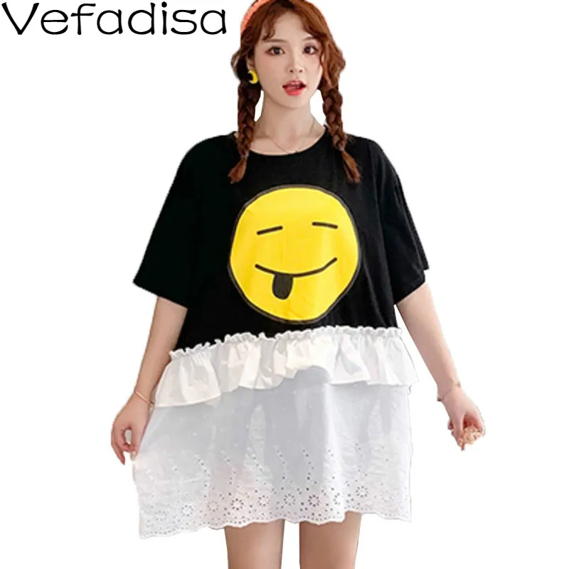 

Vefadisa Lace Patchwork Women T-shirt 2021 Summer Fashion Print T-shirt Plus Size Women T-shirt Loose Black Purple QYF2983