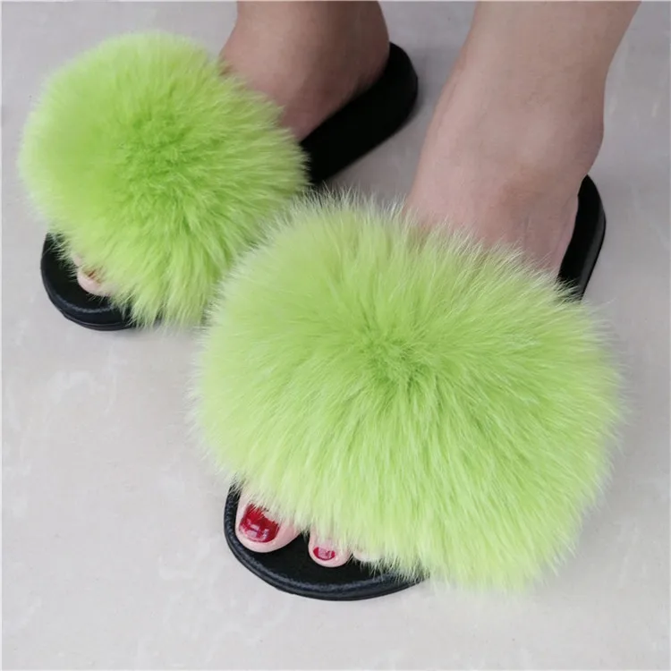 Women Fox Fur Slippers Real Fox Fur Slides Lovely Plush Slippers Woman Summer Home Sandals Women Fur Slides Furry Flip Flops Hot