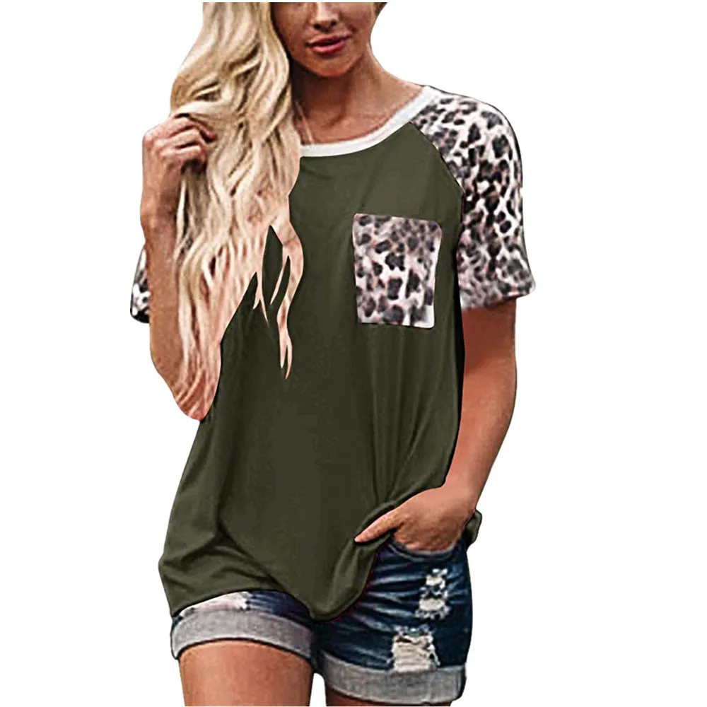 

2020 Spring and Summer New European and American Women's Hot Style Round Neck Leopard Stitching Short-sleeved T-shirt Women
