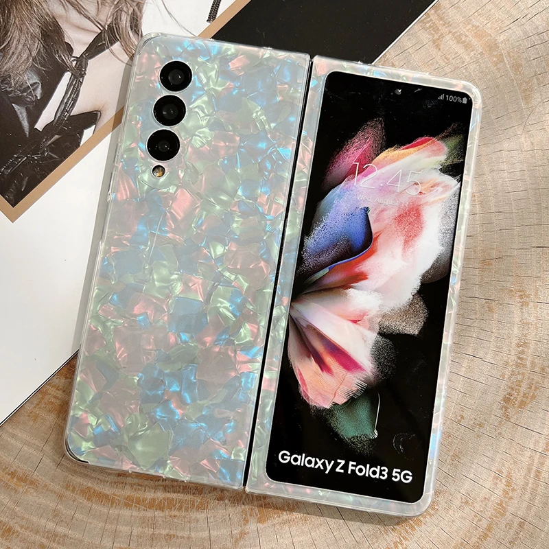 Colorful Glitter Dreamy Conch Shell Pattern Phone Case For Samsung Galaxy Z Fold 4 3 5G Glossy Marble Silicone IMD Soft Cover