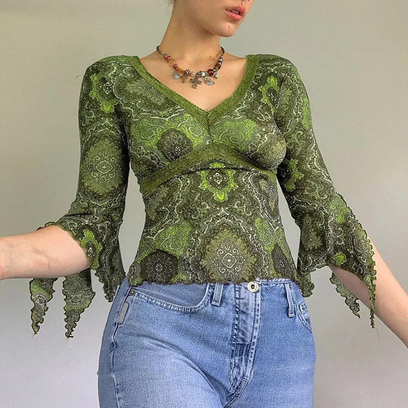 

Women y2k Clothes Aesthetic Lace Patchwork Printed T-shirt Vintage Slit Flare Long Sleeve Shirt Sexy Mesh Clothes Autumn