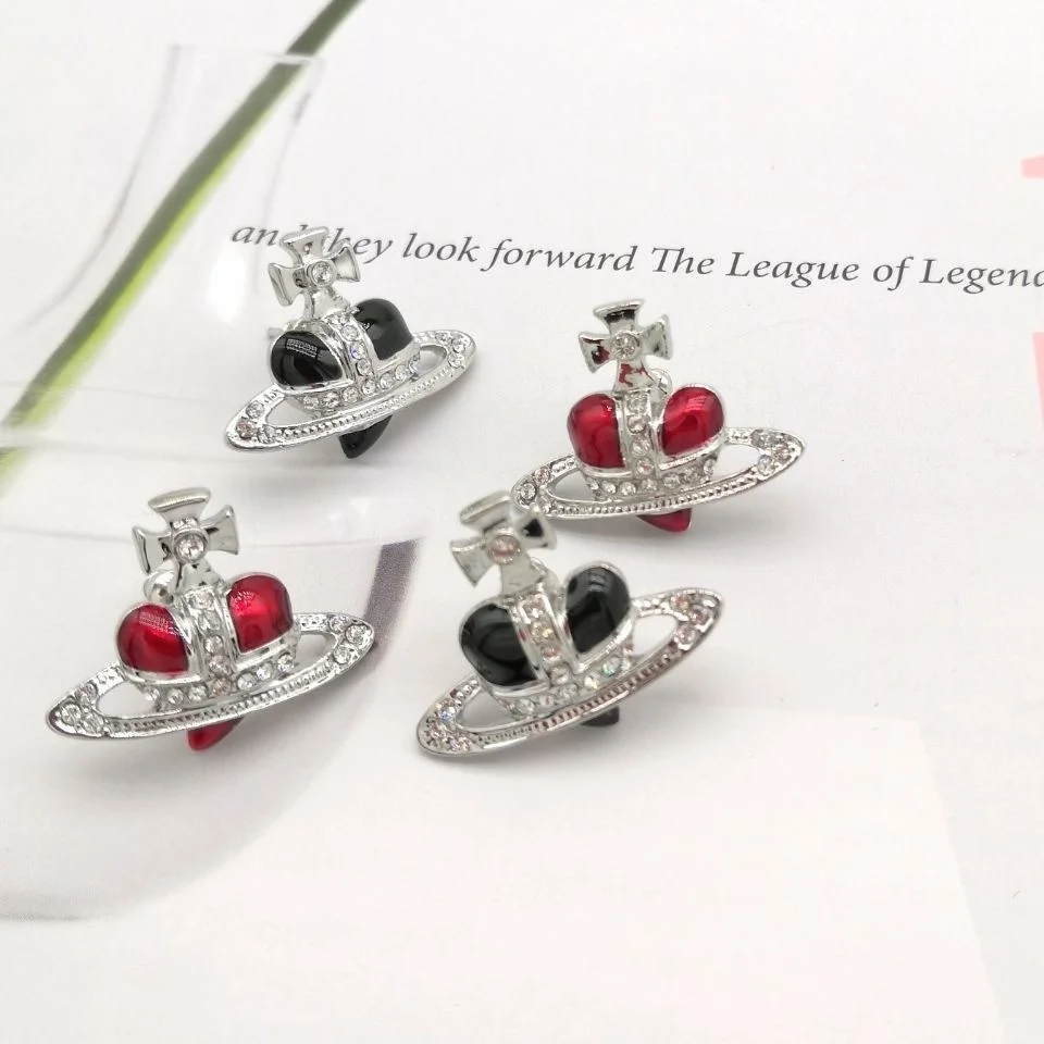 

Trendy Fashion Enamel Planet Heart Stud Earrings Copper Red Black Rhinestone Zircon earrings for Women Jewelry Gift